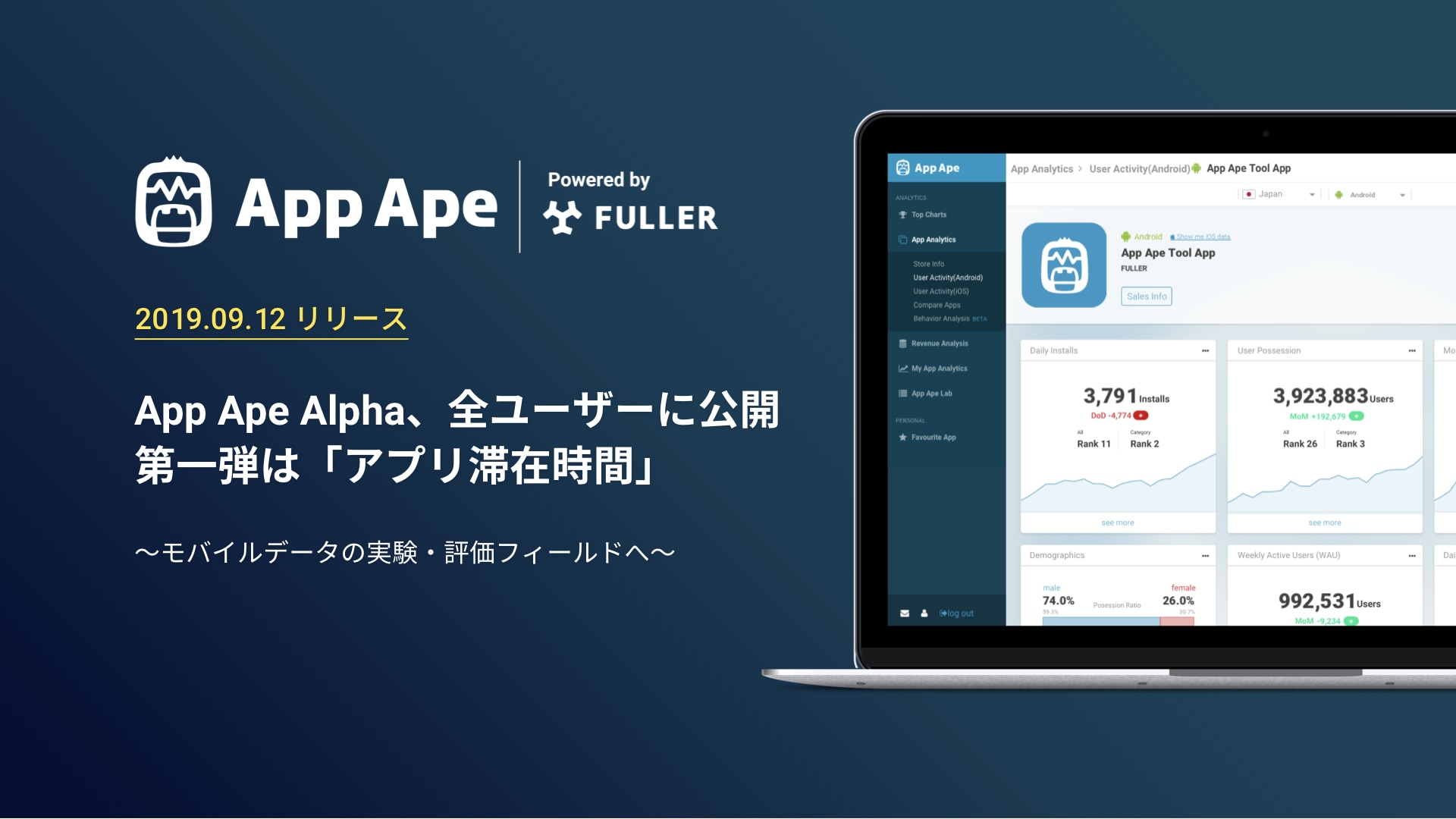 モバイルデータの実験・評価フィールド「App Ape Alpha」公開